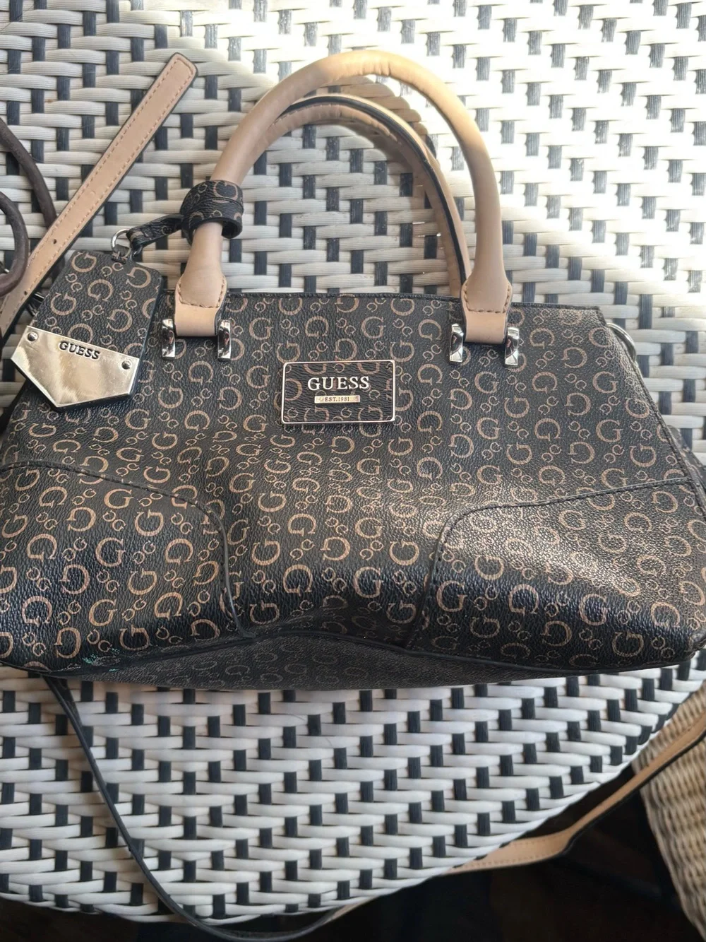 GUESS Brown Logo Satchel with Tan Handles